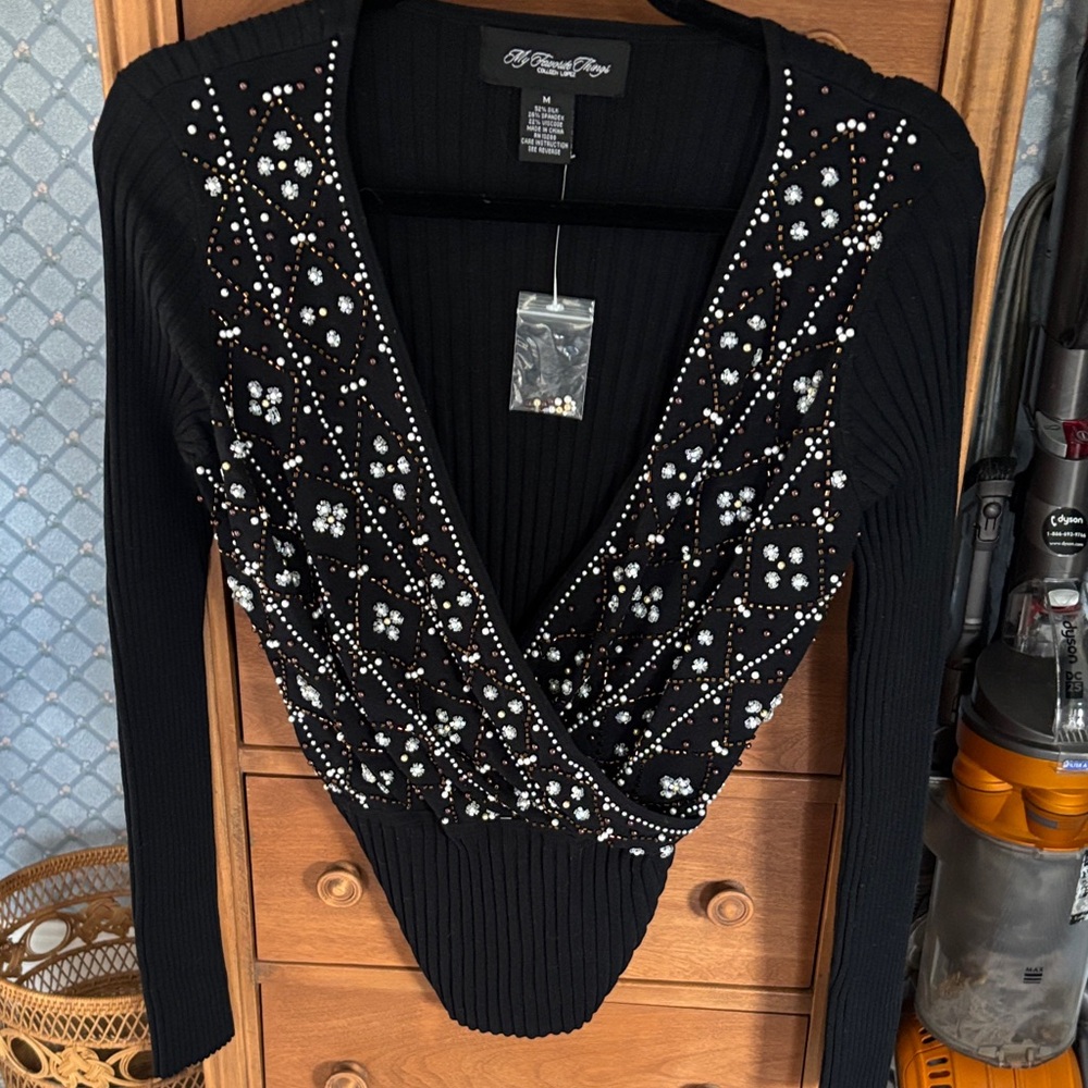 Black Beaded Long Sleeve Ribbed Top